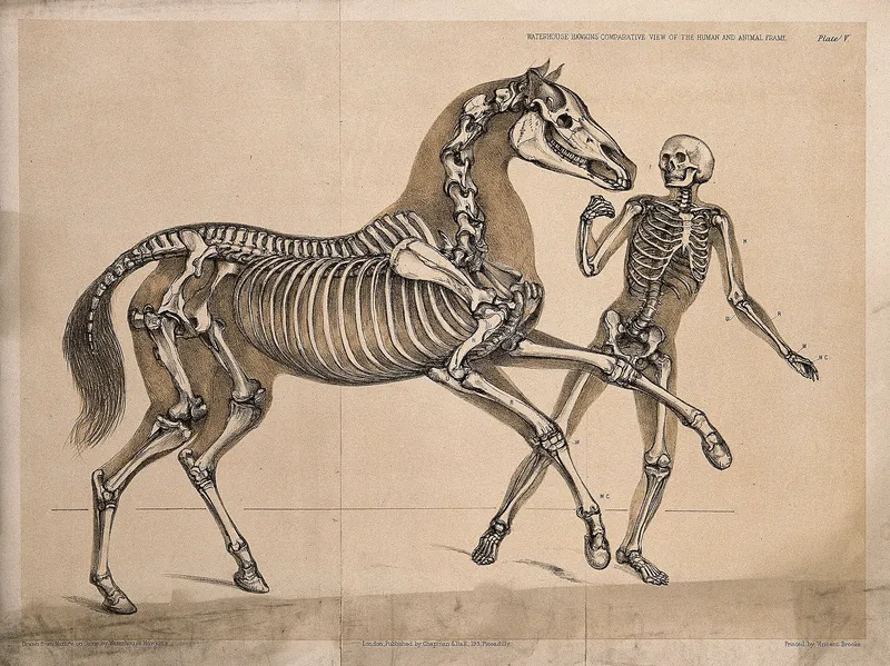 Victorian engraving comparing the skeletons of a horse and a man