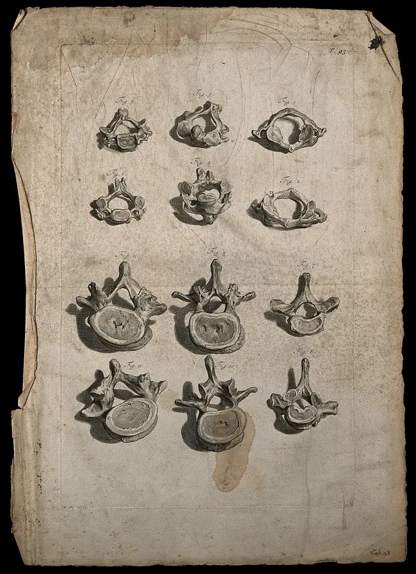 Engraved plate of vertebrae from the neck, chest and lower back